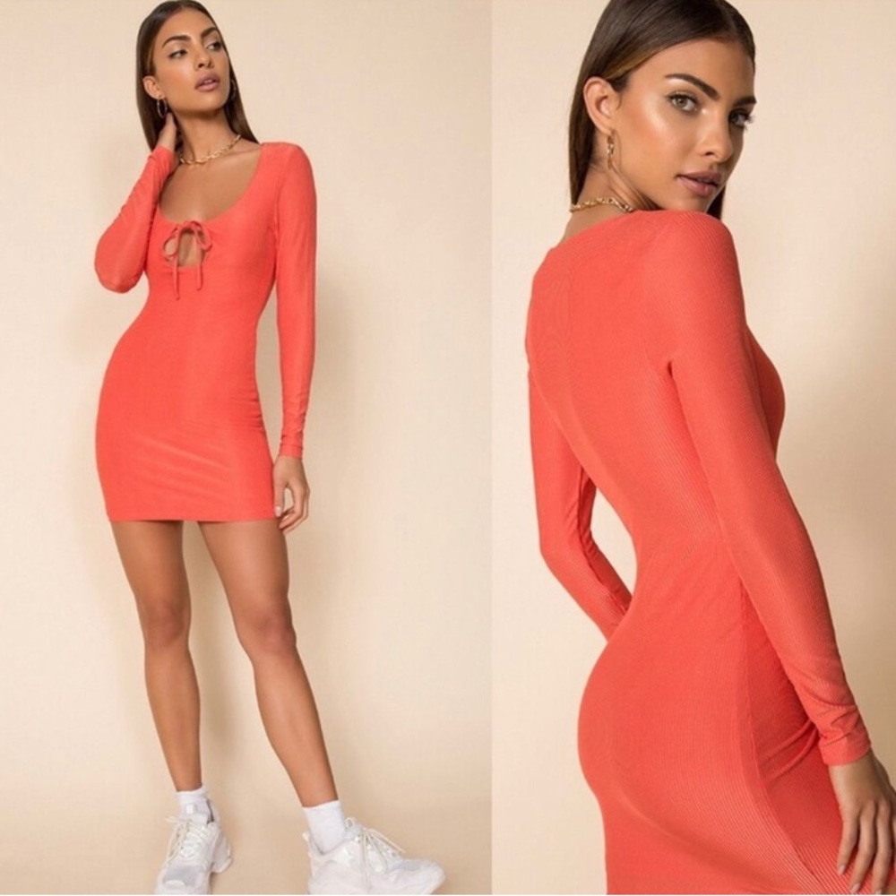 Superdown Rubie Coral Keyhole Ribbed Long Sleeve Mini Dress